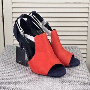 NWT Zara Vegan Suede Orange Navy Heels Open Toe Stiletto Pumps Size EU 37 US 6.5